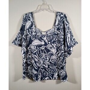 Wonderly Cotton Wide Sleeve Floral Square Neck Boho Blue White Top Plus Size 3X
